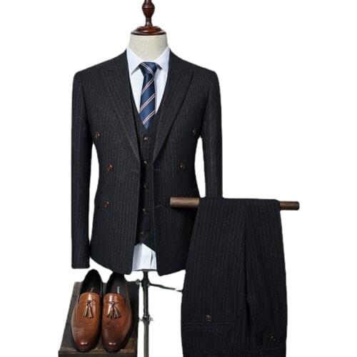 Jacket + Vest + Pants ) Fashion Striped Formal Business Mens Slim Suit 3piece Set Double Breasted Banquet Groom Wedding Dress