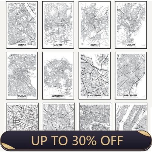 Black and white posters and prints city map Paris London New York Nordic home decoration canvas painting
