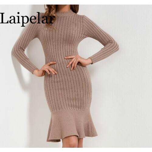 Ruffle Sweater Dress Autumn Winter 2019 New Arrivals Long Sleeve Bodycon Dresses Ladies Knee Length Knitted Sweater Dress Women