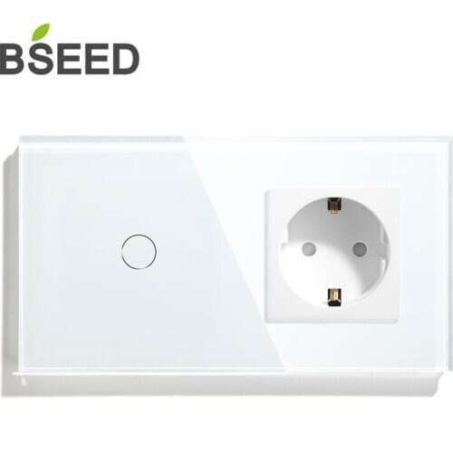 BSEED Touch Switch 1 Gang 1 Way 2 Way With EU Standard Socket Black White Gold Crystal Glass Panel Switches 16A