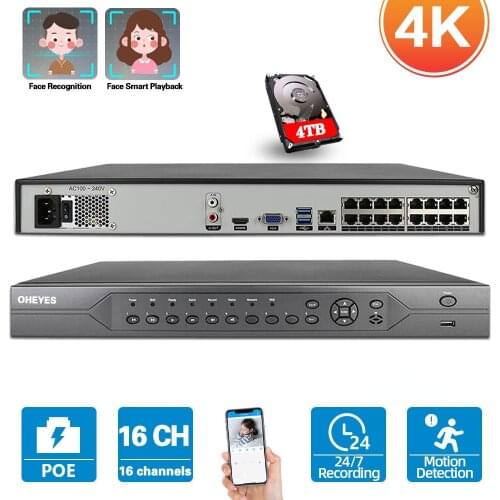 H.265 16CH POE NVR 4K CCTV IP Network Surveillance Video Recorder 16 Channel 8MP Face Detection XMEYE NVR Recorder 5MP ONVIF 8CH