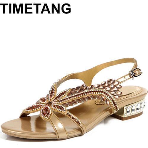 TIMETANG Women Gold Rhinestone Sandals Low-heeled Plus Size 43 44 Summer Shoes Party Sandals Ankle Strap Black Purple