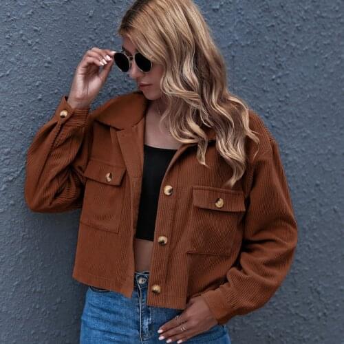 Corduroy Coat 2021 Autumn Winter Fashion Women Turn-down Collar Solid Pockets Jacket Sexy Short Button Overcoat