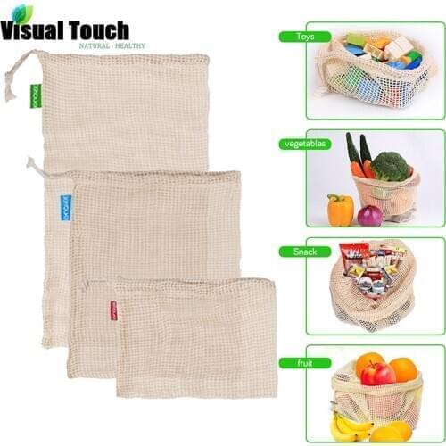 Visual Touch Produce Mesh Bags Washable Cotton Vegetables Fruits Bag Reusable Eco-Friendly Grocery Storage Drawstring Bags