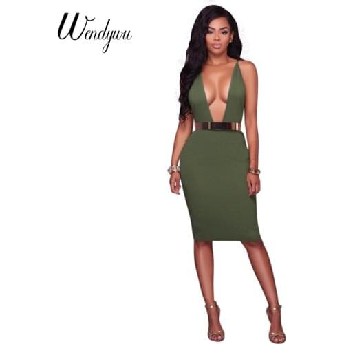 Wendywu Fashionable Sexy Club Deep V-Neck Spaghetti Strap Green Knee-Length Pencil Dress