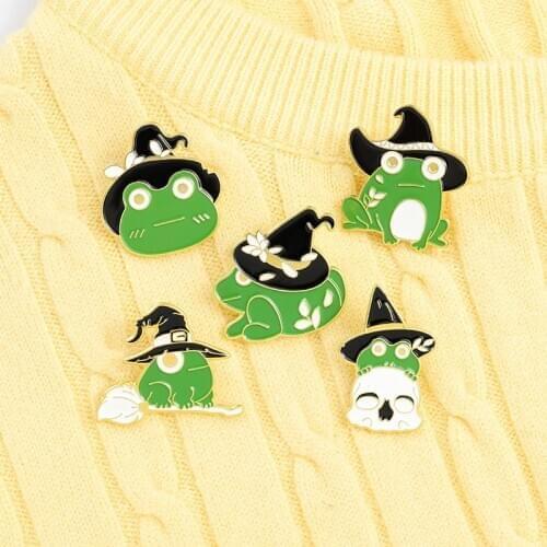 Witch Frog Cute Animal Accessories Enamel Pins Custom Made Funny Magic Broom Brooches Bag Lapel Pin Cartoon Animal Badge Jewelry