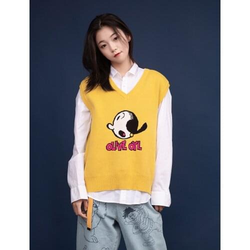 Autumn Spring New Design Women Loose Pullover Knitted Vest V Neck Sleeveless Sweater Cartoon Letters Pink Yellow