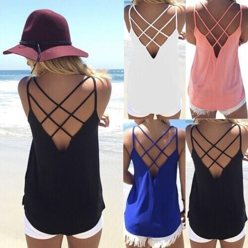 2020 Summer Women Sexy Backless U Neck Cross Strap Vest Casual Basic Solid Color Street Tank Loose Party Club Tops Comfort