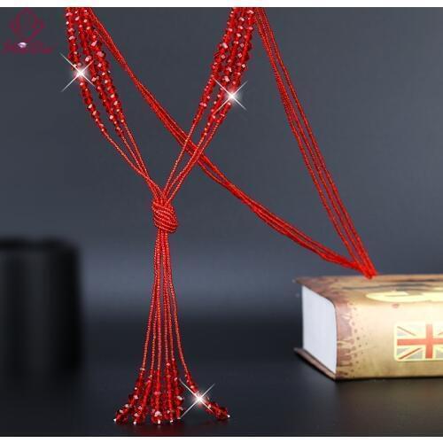 Korean Graceful Long Layers Tassel Crystal Beads Necklace Women Fashion Joker Sweater Chain 2019 Kpop Simple Black Red Jewelry