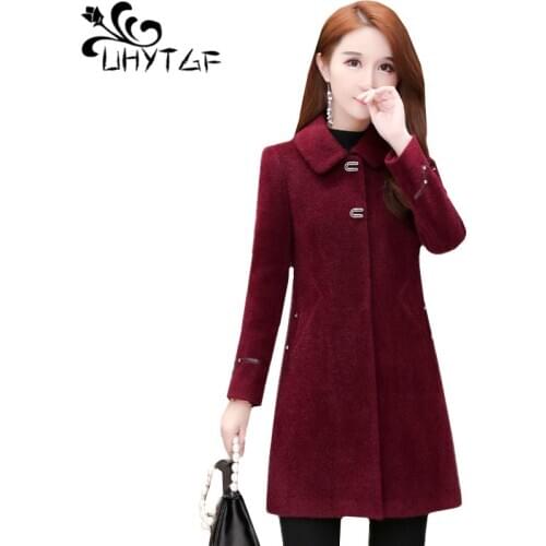 UHYTGF Wool coat women quality mink cashmere Double-sided cashmere winter woolen coat women elegant mom 4XL plus size jacket 810