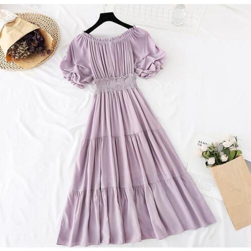2020 New Fashion Summer Vintage Cotton linen Dress Elegant Ruffle off-the-shoulder Midi Long Dress Pleated Casual Dress Vestido