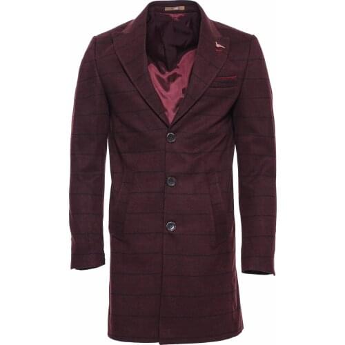 Wide Pointed Collar Burgundy Plaid Coat