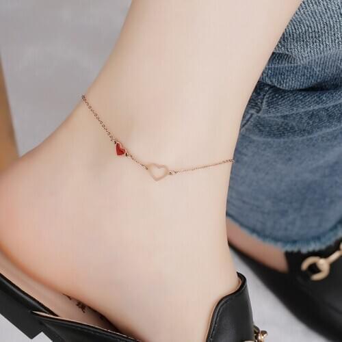 Top Quality 18KGP Rose Gold Color Titanium Steel Red Heart Anklet Women Fashion 316L Stainless Jewelry (GA122)