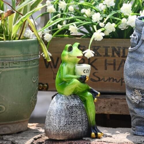 JOYLIVE Decor Frog Drinking Coffee Ornaments Home Desk Garden Ornament Micro Landscape Resin Garden Sculpture Flowerpot 2021 NEW
