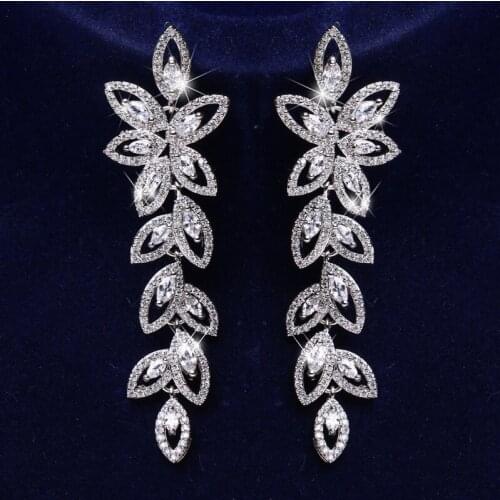 Ekopdee Classic Vintage Flower Zircon Drop Earrings For Women Fashion Bling Leaf CZ Crystal Earring Bridal Wedding Party Jewelry