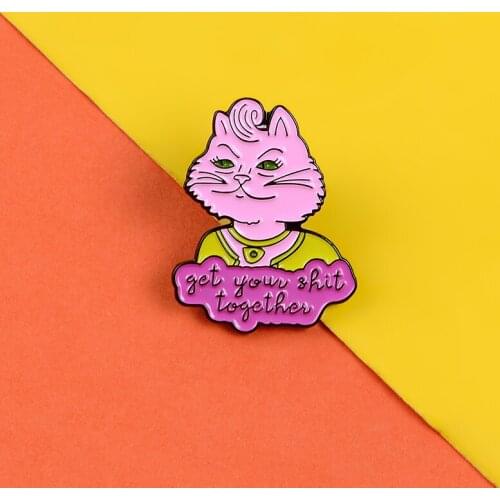 Get Your Shirt Together Enamel Pin Pink Cat Pins Brooches Funny Cat badges Animal Jewelry Gifts Lapel Clothes backage pins