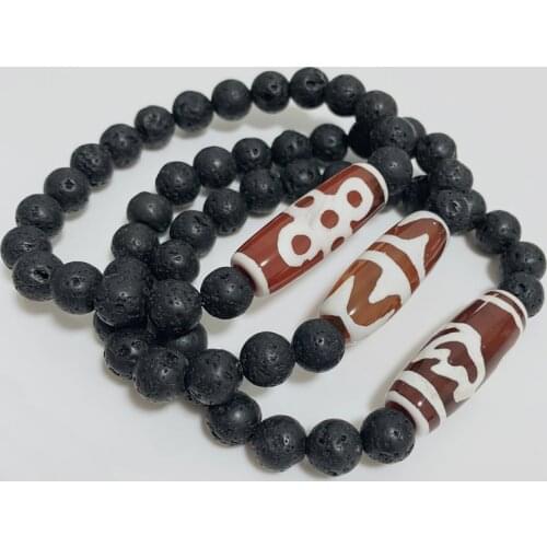 Energy Black Lava Stone Natural Tibetan Dzi Agates Bracelets Prayer Buddha Jewelry Lotus Five Eye Red Agates Charm Bracelet Male