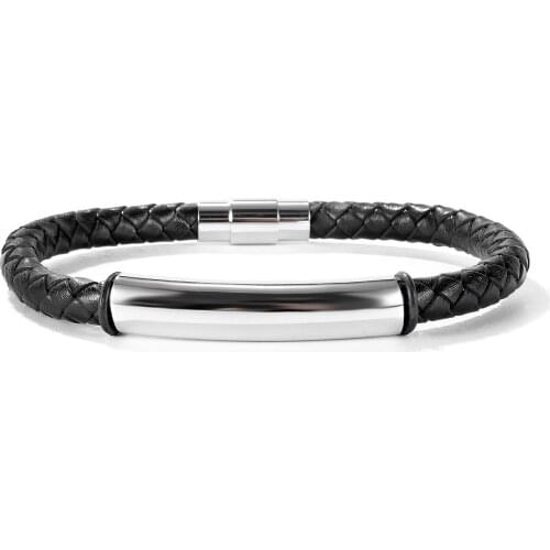 Cyue European Fashion Black Leather Braided Plant Charm Bracelet Bangle Stainless Steel Button Wristbands Men Jewelry