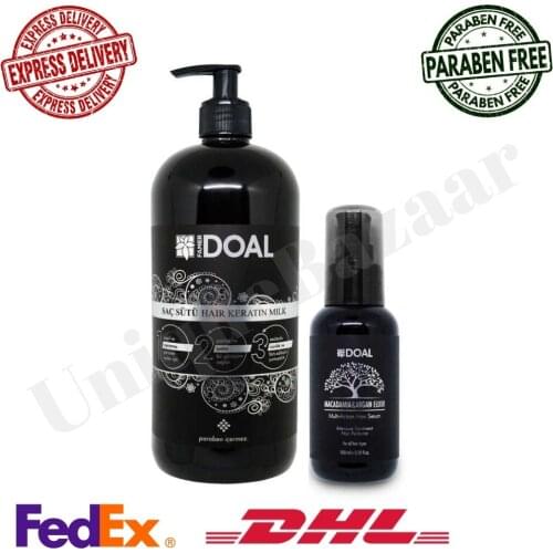 Keratin Treatment Milk Hair Care 1000 ML + Macadamia & Argan Elixir Hair Care Serum Doal, Damaged and Weak Hair Shiny
