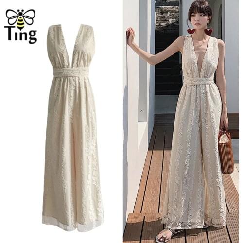 Tingfly Rompers Beige Deep V neck Cross Backless Lace Long Jumpsuits Summer Sleeveless Wide Leg Pants Overalls Bohomian Playsuit