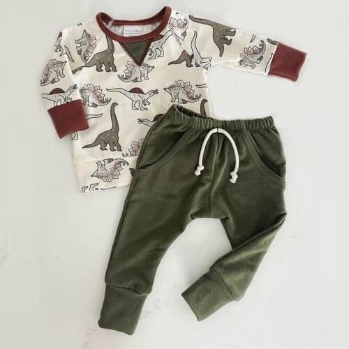 2Pcs Infant Baby Boys Clothes Sets 2021 Autumn Dinosaur Print Long Sleeve Pullover Tops + Pants Casual Toddler Outfits