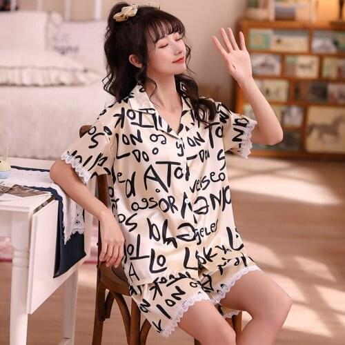 Luxurious Sexy Lace Pajamas Set 2 Pieces Stain Silk Women Summer Sleepwear Short Sleeve Shorts Suit Pink Color Homewear Clothes