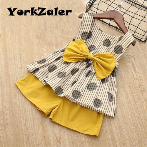 YorkZaler Girls Summer Clothes Set Sleeveless Dot Shirt+Pants Set For 2-6 Years Old Kids Clothing Suit Lovely Bow Outfits 2 Pcs