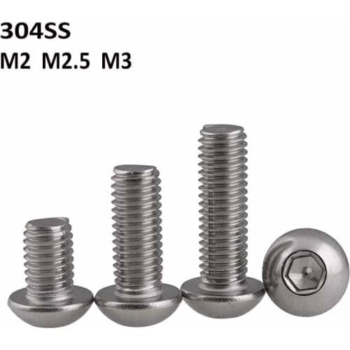 M2 M2.5 M3 304 Stainless Steel Pan Head Hexagon Bolts A2 Round Head Hex Socket Screws Length 3mm-60mm