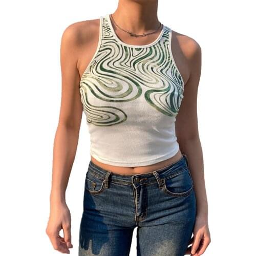 Sexy Women Summer Close-fitting Camisole Printed Pattern Round Collar Sleeveless Crop Tanks Tops Dark Blue Green