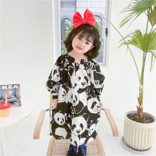Korean Fashion Children Panda Blouse Long Cotton Dress for Girls Cotton Toddler Boutique Designer Clothing Outfit