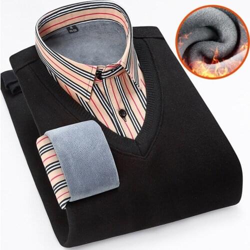 Mens Long-Sleeved Plus Velvet Thick Fake Two-Piece Sweater Business Casual Color Block Shirt Collar Knitwear Male Brand Pullover