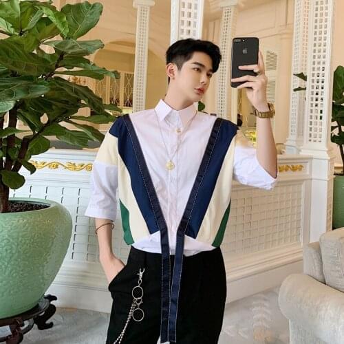 2021 New Men Ribbons Stripe Spliced Casual Shirts Male Streetwear Hip Hop Stage Show Harajuku Dress Shirt leisure time