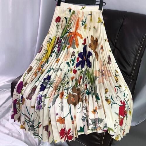 Pure New white is fresh elegant gentle m series watercolor printing pressure plait emulation silk skirts pleated skirt