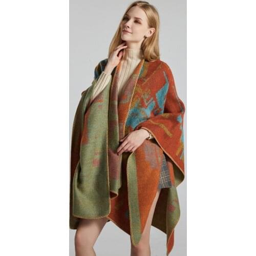 MUICHES England Style Jacquard Shawl Woman Lengthened Thickened Autumn Winter Ethnic Style Travel Split Warm Cloak Loose