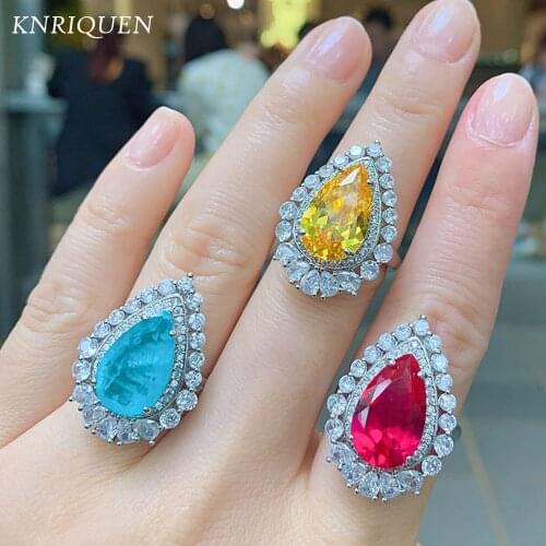 Luxury 925 Sterling Silver Water Drop Paraiba Tourmaline Topaz Ruby Lab Diamond Wedding Party Rings for Women Fine Jewelry Gift