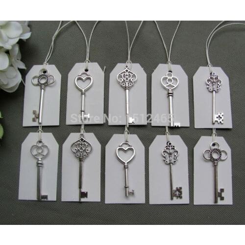 Mixed 100pcs Antique Silver Skeleton Keys&100 pcs white Tags Wedding Skeleton Keys Charm Big Size 53-68mm