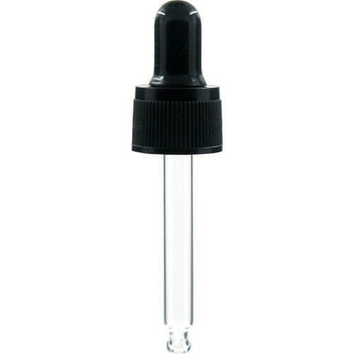18-410 glass dropper black/white ribbed skirt plastic Cap assembly with rubber bulb and glass pipette X10
