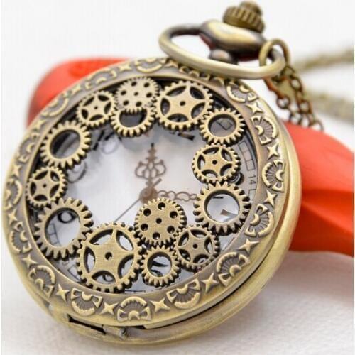 Vintage Bronze Hollow Gears Quartz Pocket Watch with Necklace Hollow out Free shipping 45MM