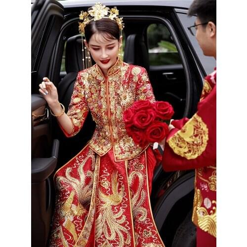 Bride Dragon Phoenix Embroidery Rhinestone Qipao Chinese Traditional Wedding Long Cheongsam Vintage китайская одежда