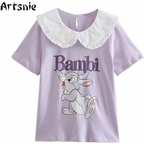Artsnie Bambi Cartoon Disney T Shirt Women Summer 2021 O Neck Short Sleeve Tops Streetwear Casual Purple Ruffles T-shirts Femme