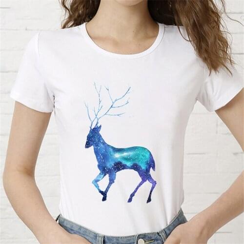 Elk Cartoon print Ladies Tshirt White Round Neck Short Sleeve Tshirt Harajuku Womens T-shirt 2021 Summer T-shirt