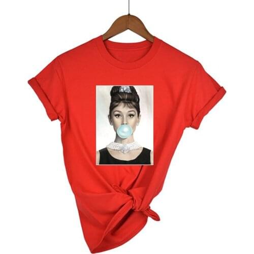 Audrey Hepburn Green Bubble Gum Print Women Tshirt Female Harajuku Summer Vintage Short T-Shirt Tops