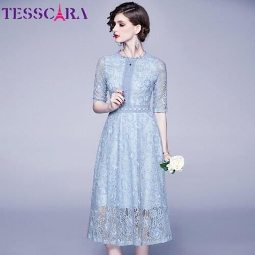 TESSCARA Women Spring & Summer Elegant Blue Lace Dress Festa High Quality Cocktail Party Robe Femme Vintage Designer Vestidos