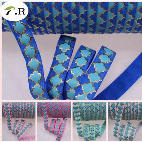 1 colors 5/8" gold foil and blue ink large quatrefoil fold over elastic for hair accessory, 50yards/lot