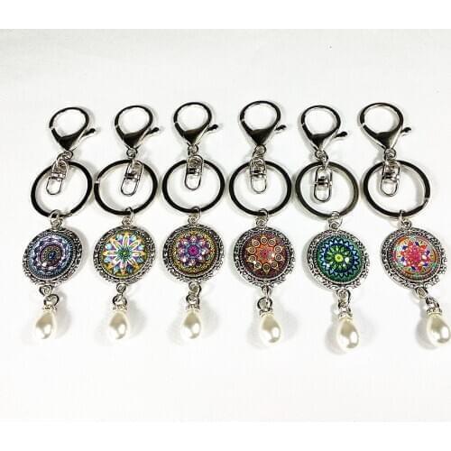 12pcs /lot Bandanna Key Chains Mandala Flower Key ring Buddhism Zen Picture Glass Pendant Key buckle,handmade Jewelry For Women