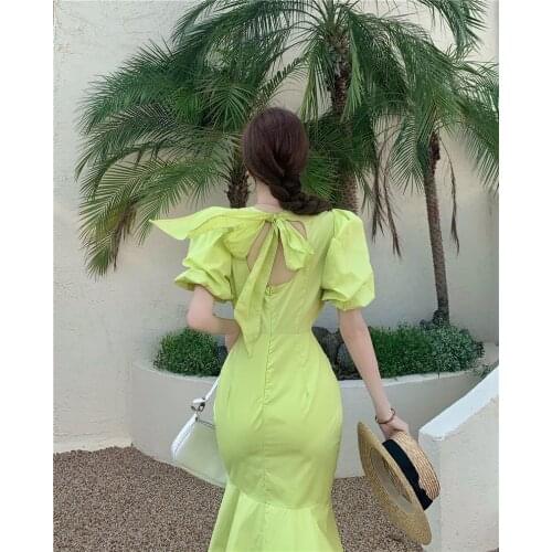 2021 Summer Short Puff Sleeve Dresses Women Sexy Backless Lace Up High Waist Long Dress Female Sweet Style Fashion Mermaid Dress