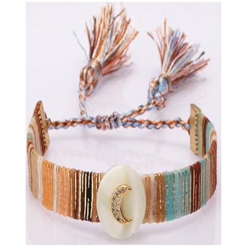 2021 charm pave white CZ moon shell ethnic boho soft cotton silk tassel wristband adjustable bracelet handmade jewelry for woman