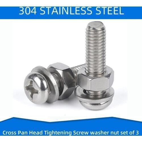 304 Stainless Steel Cross Round Pan Screw with Flat Washer Nut Phillips Screws set of 3 Bolt M6 M8 M10