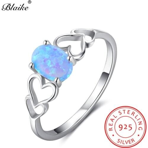 Blaike Chic Oval Opals Heart Ring Fine Jewelry 100% Genuine 925 Sterling Silver Blue Fire Opal Birthstone Wedding Bands Gifts