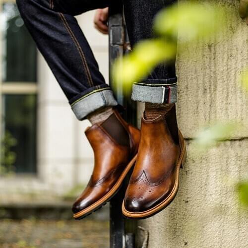 Handmade Men Boots Chelsea Vintage Ankle Boots Genuine Cow Leather Slip-on Man Bota High Quality Fashion Men Martins Shoes